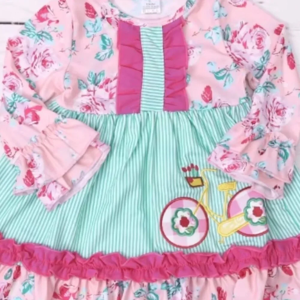 Boutique Girls Floral Bicycle Long Sleeve Ruffle Dress